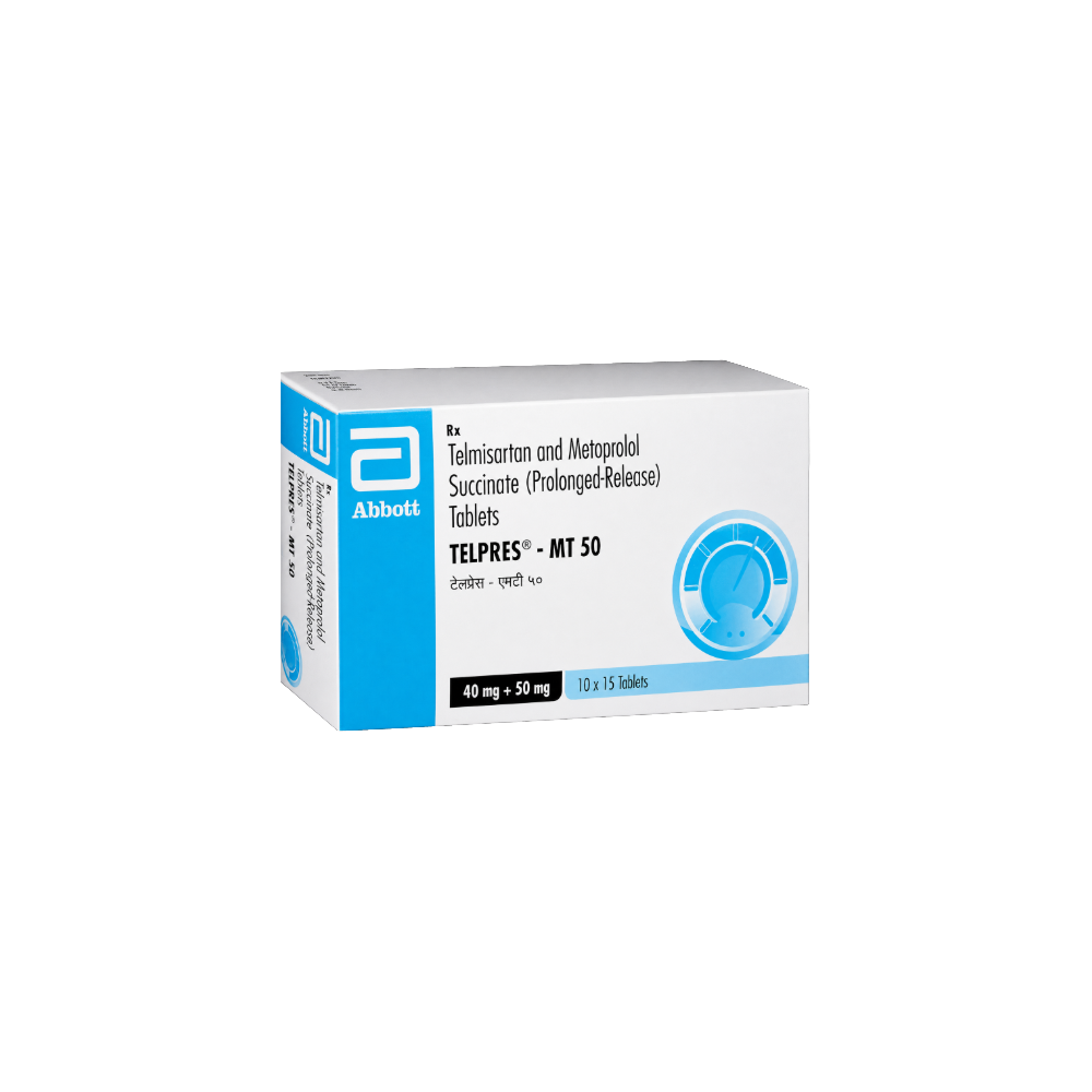 Box of Telpres-MT 50 tablets by Abbott on a white background