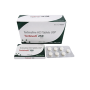Box and blister pack of Terbivolt 250 Terbinafine HCI Tablets USP on a white background