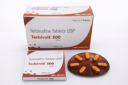Terbinafine Tablets USP packaging with tablets on a white background
