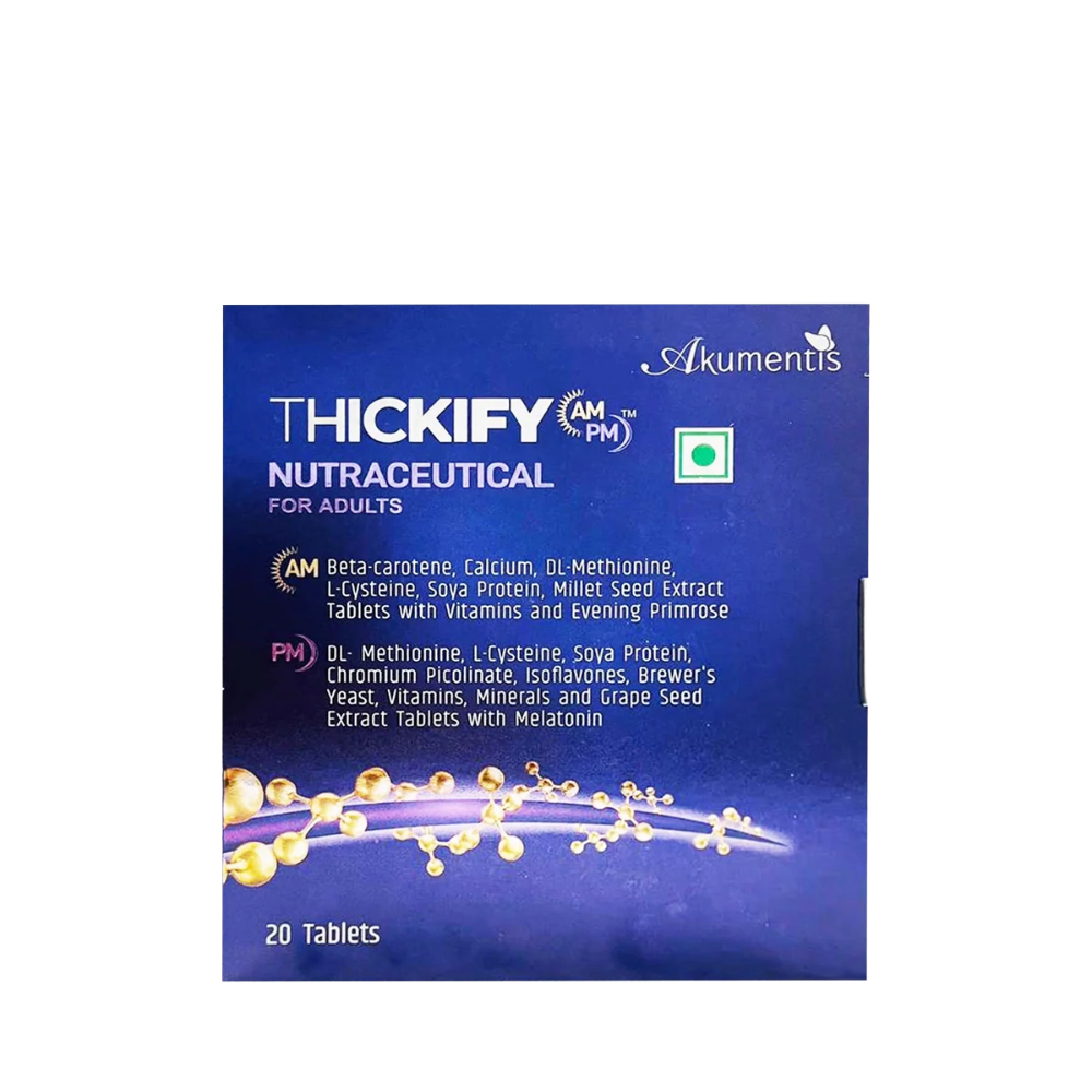 Packaging of Thickify AM PM Nutraceutical for adults by Akumentis on a white background