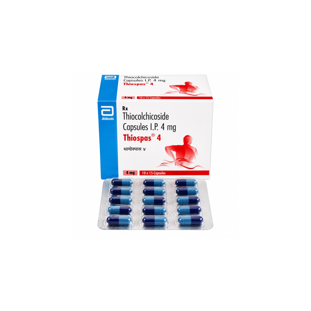 Thiospas 4 medication packaging with capsules on a white background