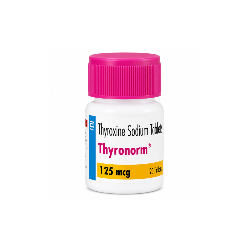Thyronorm bottle with pink cap on a white background