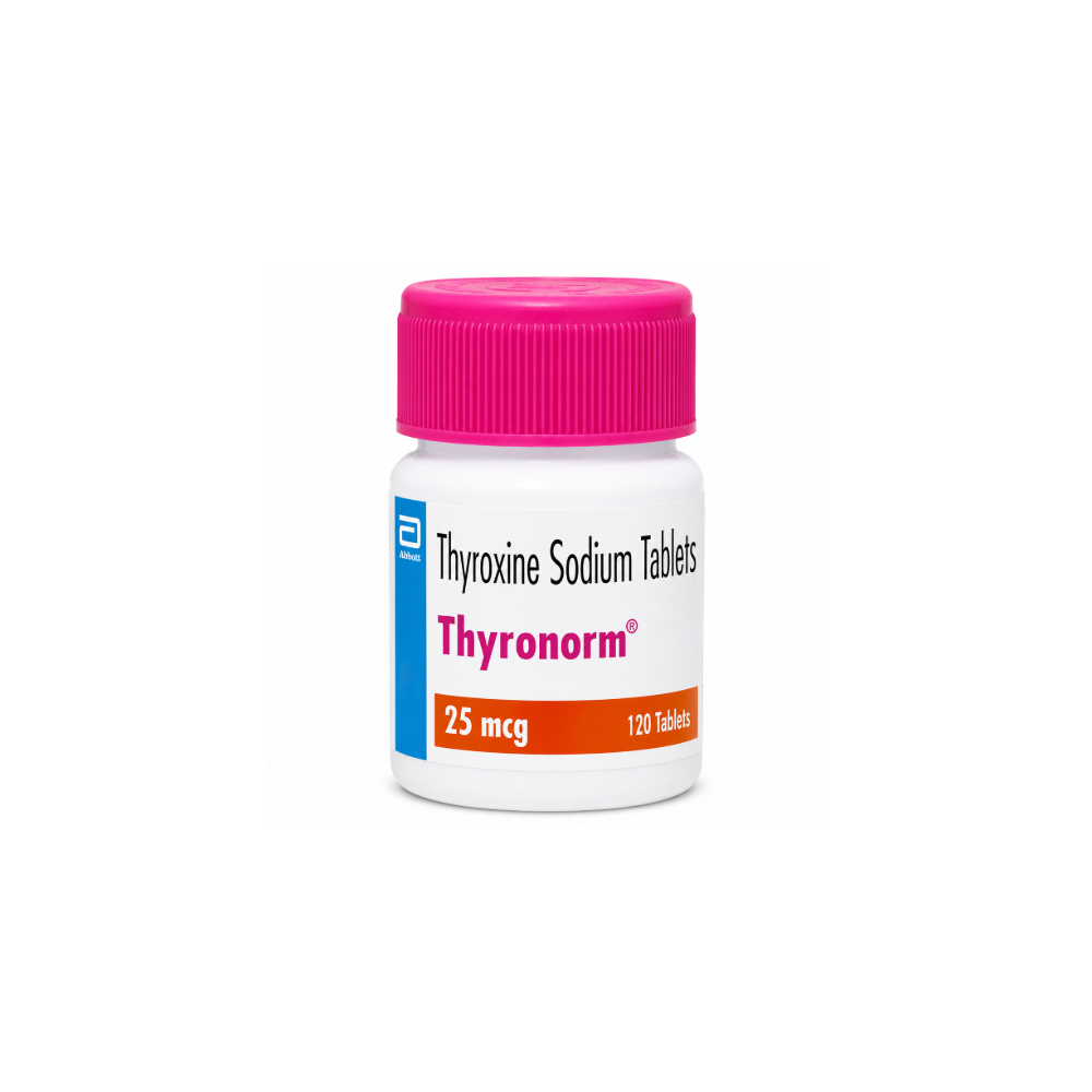 Thyronorm Thyroxine Sodium Tablets bottle with pink cap on a white background