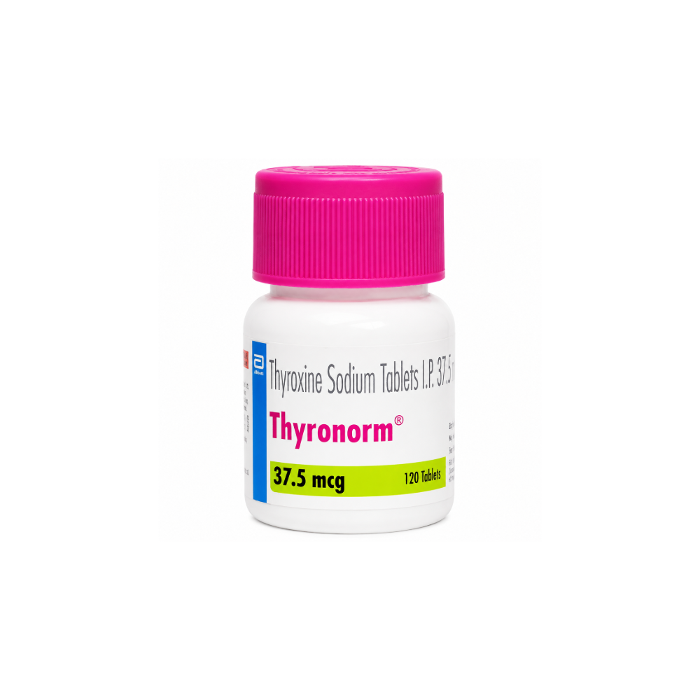 Thyronorm bottle with pink cap on a white background