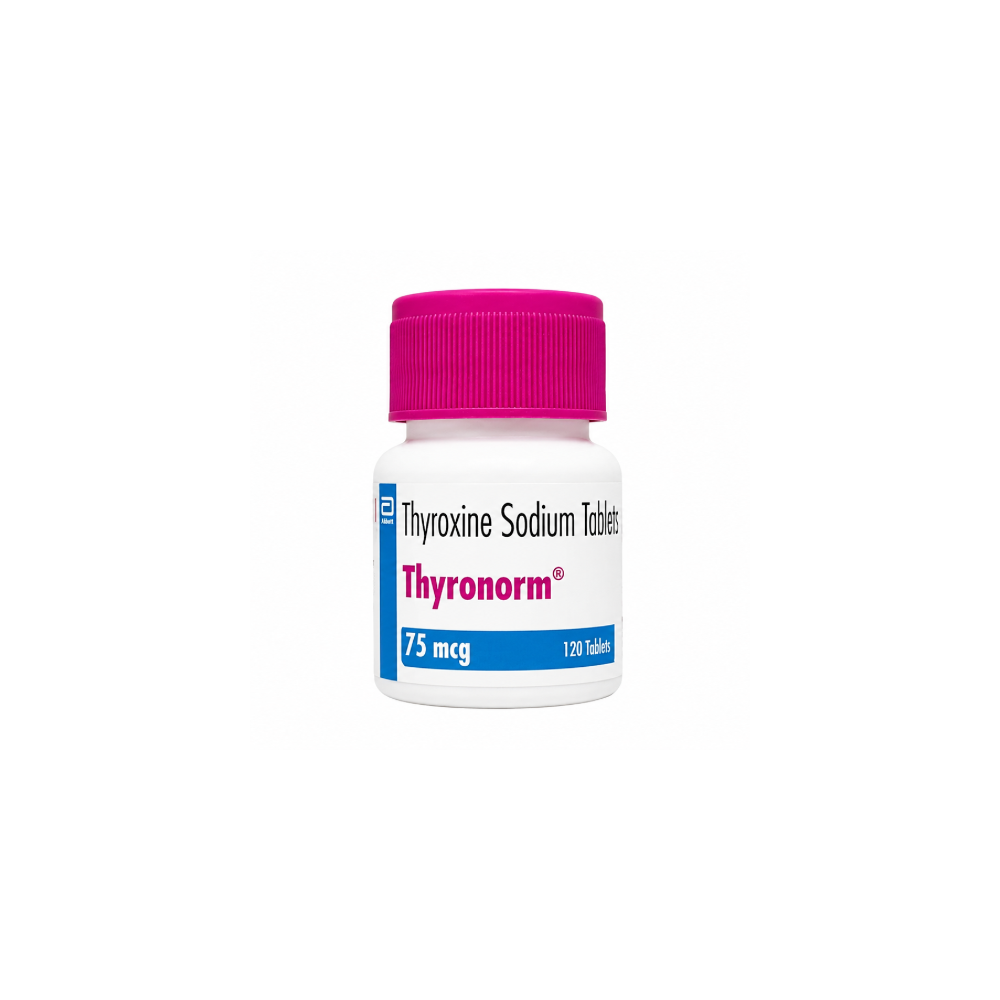 Thyronorm bottle with pink cap on a white background
