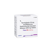 Box of Tiban M 20/1000mg Tablet ER Teneligliptin 20 mg and Metformin Hydrochloride Extended Release 1000 mg Tablets on a white background 