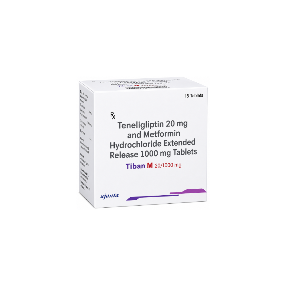 Box of Tiban M 20/1000mg Tablet ER Teneligliptin 20 mg and Metformin Hydrochloride Extended Release 1000 mg Tablets on a white background 