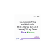 Package of Teneligliptin 20 mg and Metformin Hydrochloride Tablets with Tiban branding.Tiban M 20/500mg Tablet ER Salt Composition:-Metformin (500mg) + Teneligliptin (20mg) Pack Of:-15 tablet er in 1 strip Uses:-Type 2 diabetes mellitus Manufacturer/Marketer Address:-Ajanta Pharma Ltd,Ajanta House, Charkop, Kandivli West, Mumbai 400 067, India