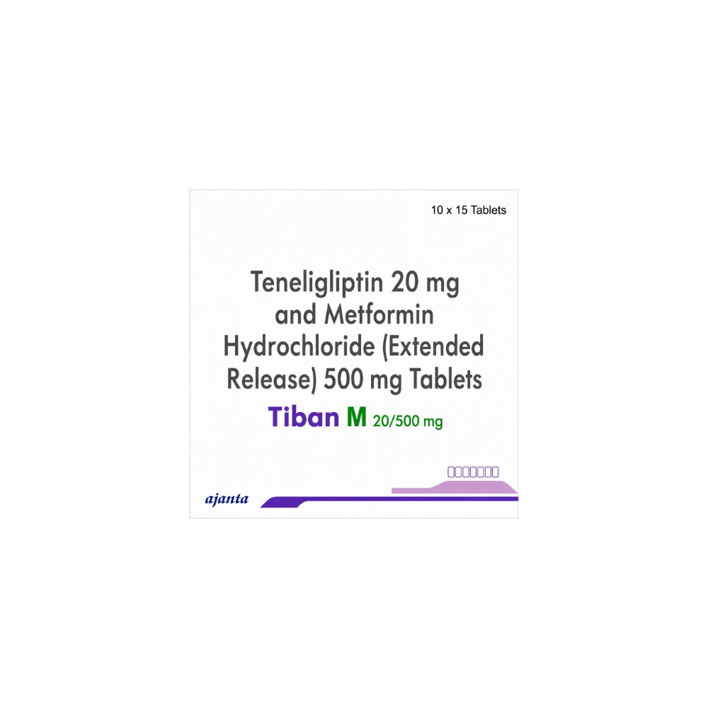 Package of Teneligliptin 20 mg and Metformin Hydrochloride Tablets with Tiban branding.Tiban M 20/500mg Tablet ER Salt Composition:-Metformin (500mg) + Teneligliptin (20mg) Pack Of:-15 tablet er in 1 strip Uses:-Type 2 diabetes mellitus Manufacturer/Marketer Address:-Ajanta Pharma Ltd,Ajanta House, Charkop, Kandivli West, Mumbai 400 067, India