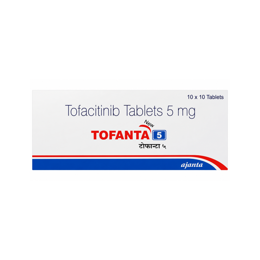 Packaging of Tofacinib Tablets 5 mg by Tofanta with Ajanta logo on a white background