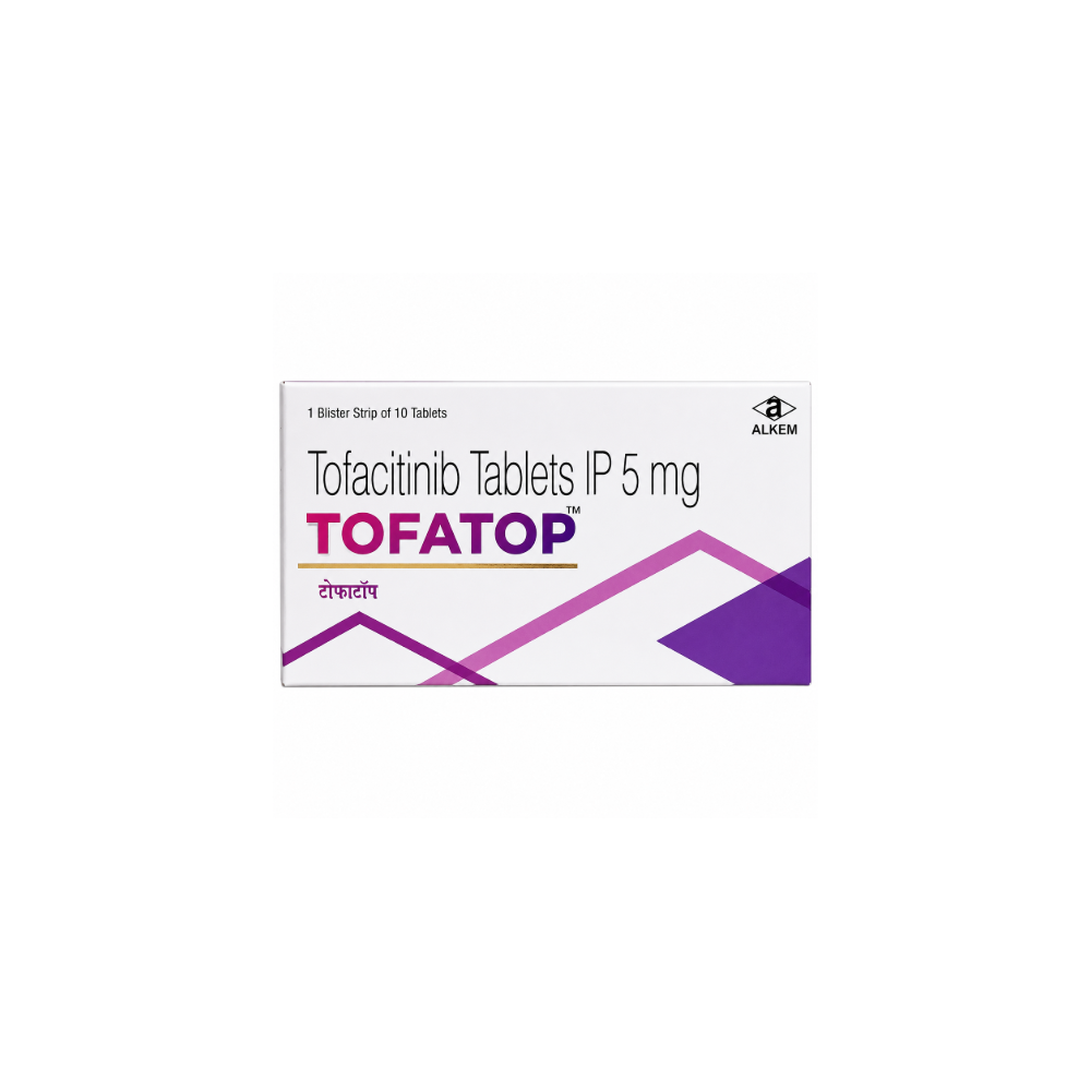 A box of Tofactinib Tablets IP 5 mg (TOFATOP) by Alkem, featuring a white background with purple and magenta geometric accents and black text.