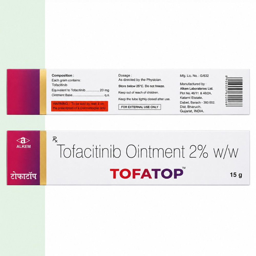 Two views of a Tofacitinib Ointment 2% w/w box by Alkem, showing the front and back of the packaging on a white background with a light green vertical stripe.