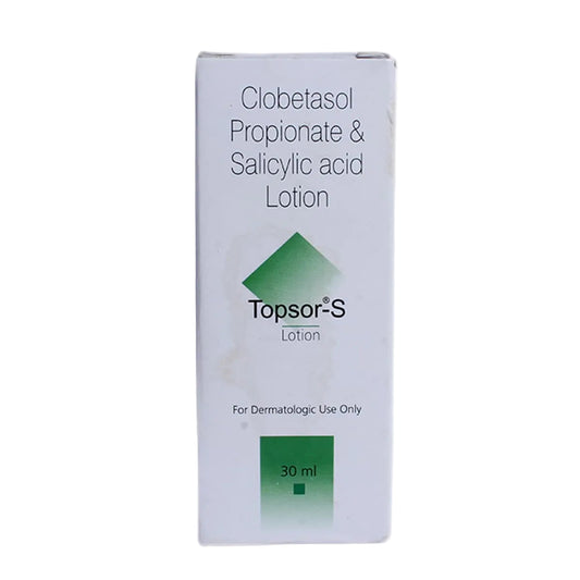 Box of Topsor-S Lotion with Clobetasol Propionate & Salicylic acid on a white background