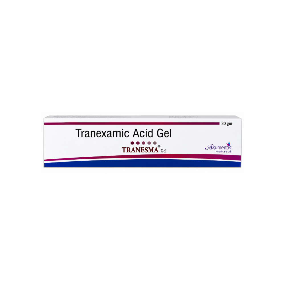 A white rectangular box of Tranexamic Acid Gel by Transesma, featuring red and blue accent stripes and black text, on a plain white background.