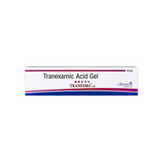 A white rectangular box of Tranexamic Acid Gel by Transesma, featuring red and blue accent stripes and black text, on a plain white background.