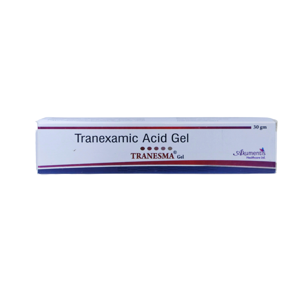 Tranexamic Acid Gel container with 'Akuments' branding on a white background