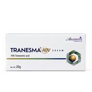 Front view of Tranesma ADV Cream 10% tranexamic acid, 20 g carton by Akumentis Healthcare.