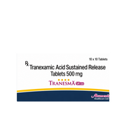 Tranesma SR 500 mg tranexamic acid sustained-release tablets blister strip showing ingredients, storage instructions and manufacturer details.