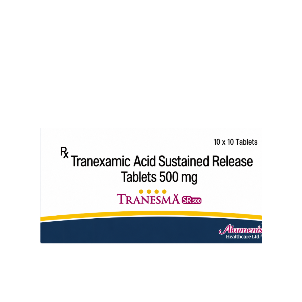Tranesma SR 500 mg tranexamic acid sustained-release tablets blister strip showing ingredients, storage instructions and manufacturer details.