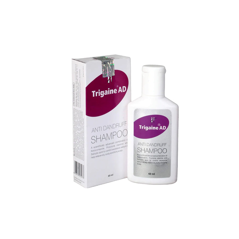 Trigaine AD anti-dandruff shampoo bottle and packaging on a white background