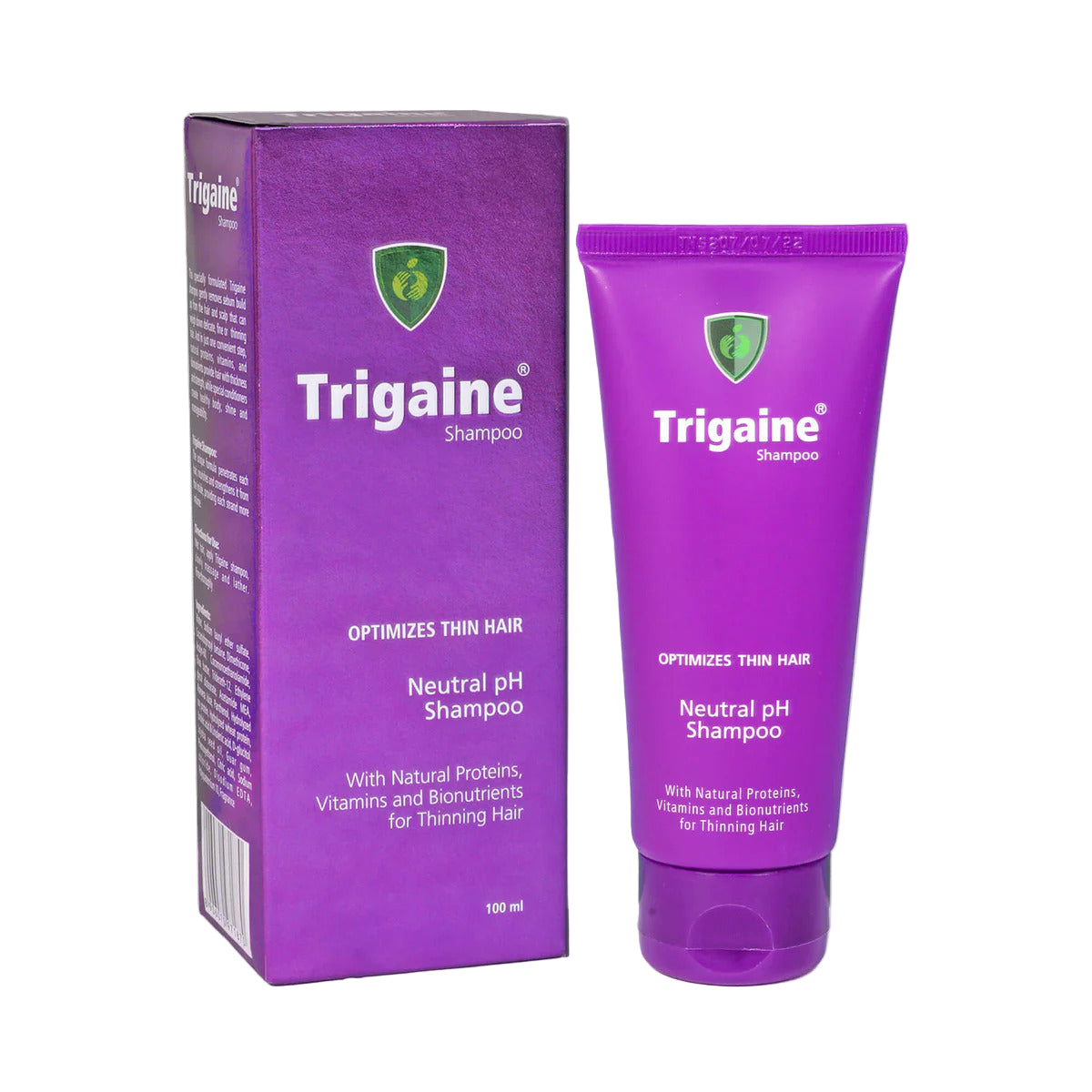 Trigaine shampoo packaging including a purple tube and box on a white background