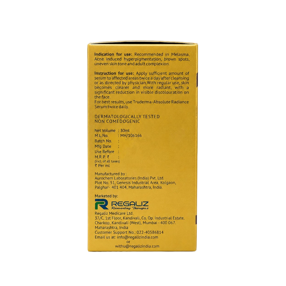 Truderma Absolute Radiance Serum 30ml back side packaging with usage instructions and product details