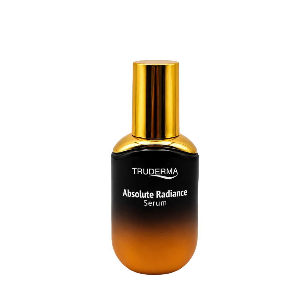 Truderma Absolute Radiance Serum 30ml bottle front view with gold pump and black amber packaging