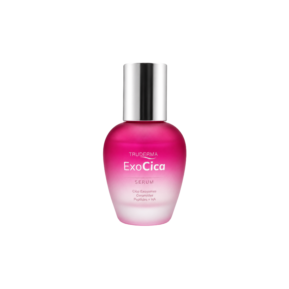Truderma ExoCica Serum with Cica Exosomes, Ceramides & Peptides + HA in frosted pink glass bottle for skin barrier repair, hydration and soothing sensitive skin.