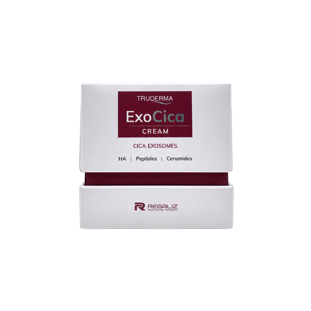 Truderma ExoCica Cream 50g front view with Cica Exosomes, Hyaluronic Acid, Peptides and Ceramides for skin barrier repair, hydration and soothing irritated skin.