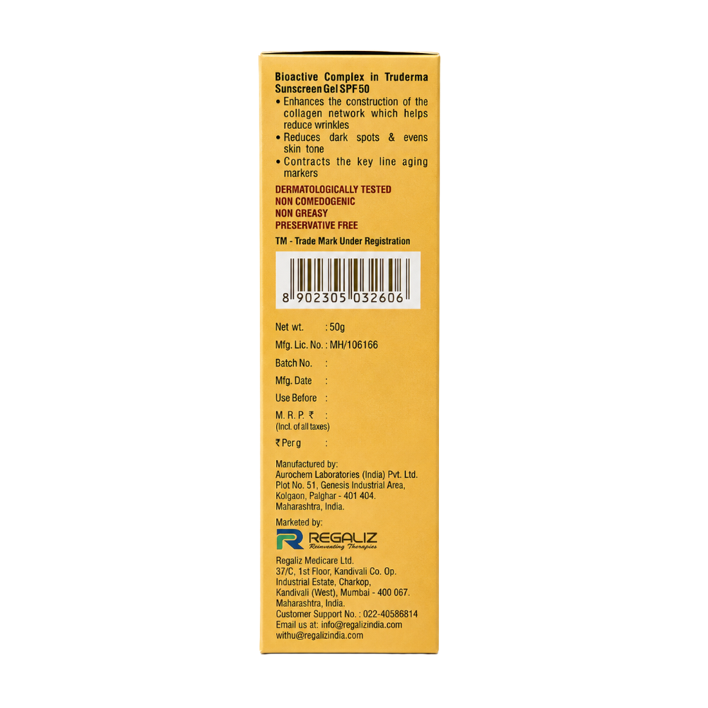 Truderma Sunscreen Gel SPF 50 box back side with ingredients