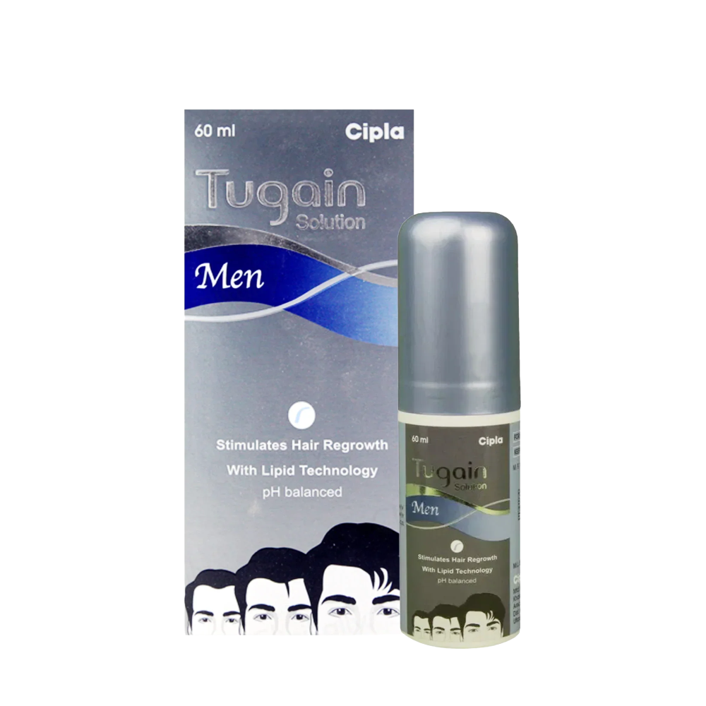 Cipla Tugain Men hair regrowth solution packaging and bottle on a white background
