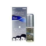 Cipla Tugain Men hair regrowth solution packaging and bottle on a white background