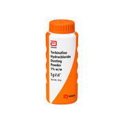 Orange and white bottle of Tyza Terbinafine Hydrochloride Dusting Powder on a white background