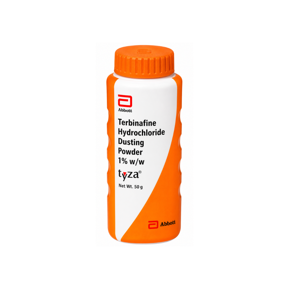 Orange and white bottle of Tyza Terbinafine Hydrochloride Dusting Powder on a white background