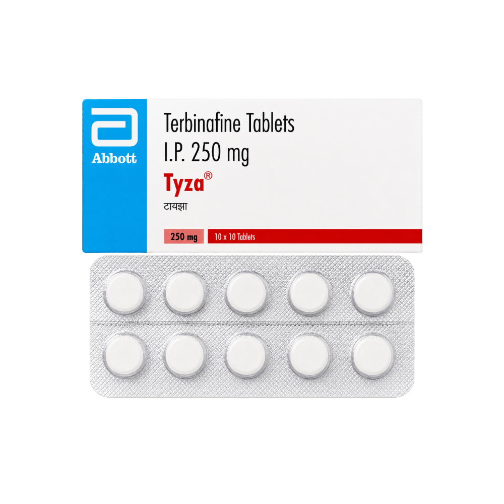 Tyza Terbinafine Tablets I.P. 250 mg packaging with Abbott logo on a white background