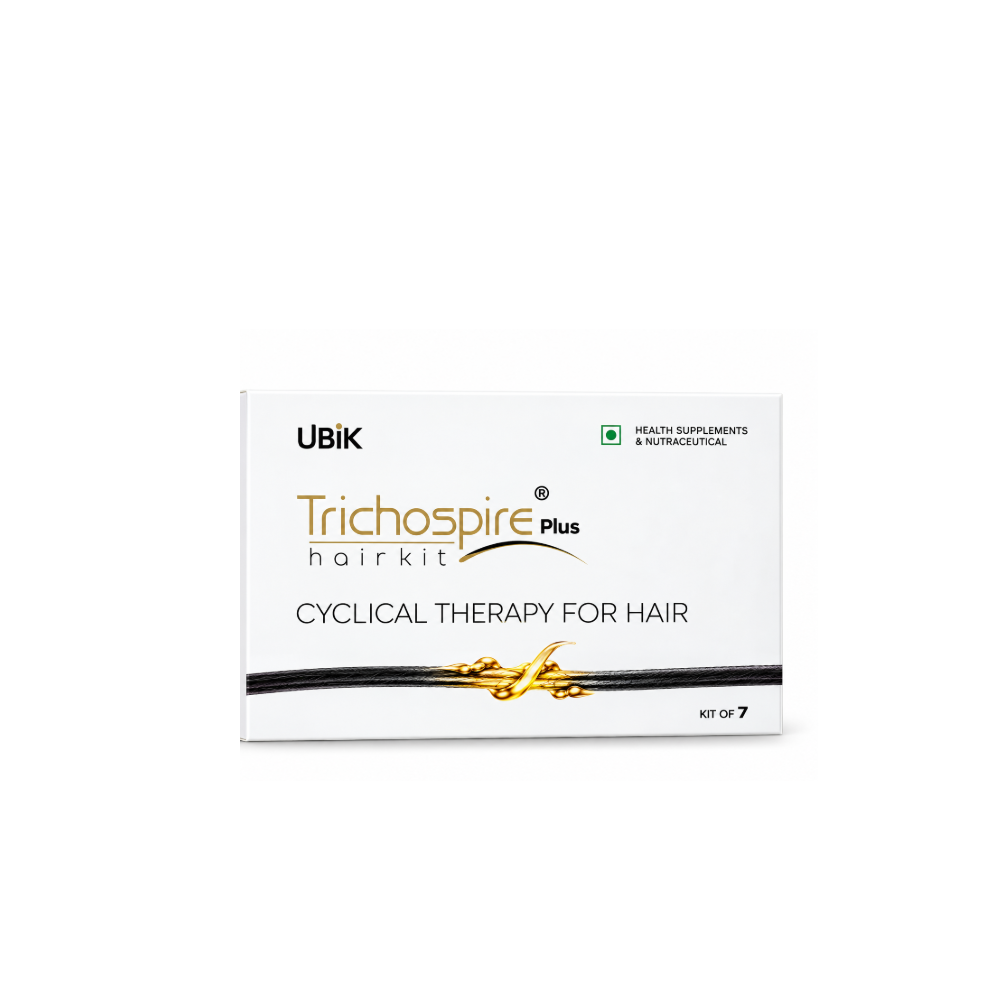Front view of UBiK Trichospire Plus hair health nutraceutical supplement kit of 7, featuring biotin, zinc, amino acids and vitamins.