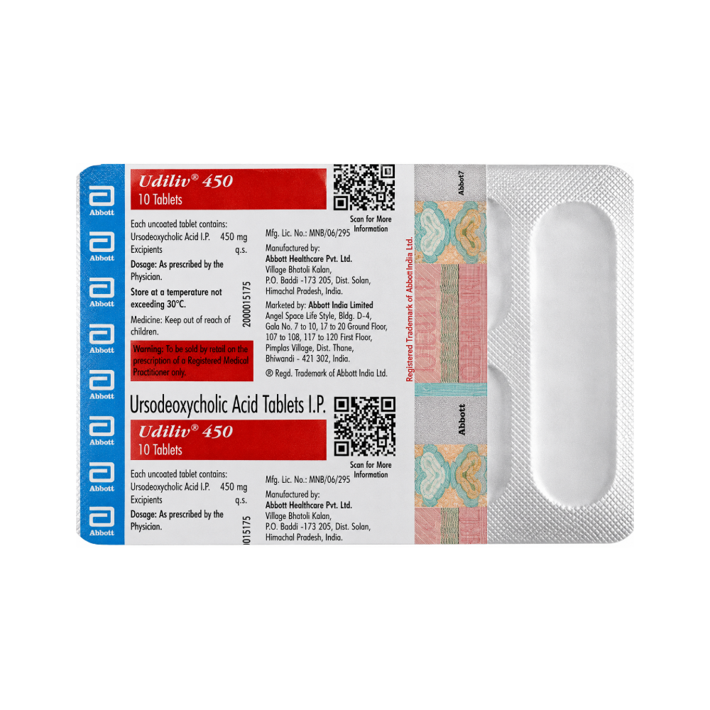 Udiliv-450mg-Tablet Salt Composition:-Ursodeoxycholic Acid (450mg) Pack Of:-10 tablets in 1 strip Uses:-Primary biliary cirrhosis Gallbladder stones Manufacturer/Marketer Address:-Abbott,16th Floor, Godrej BKC, Plot – C, “G” Block, Bandra-Kurla Complex, Bandra (East), Mumbai – 400 051, India