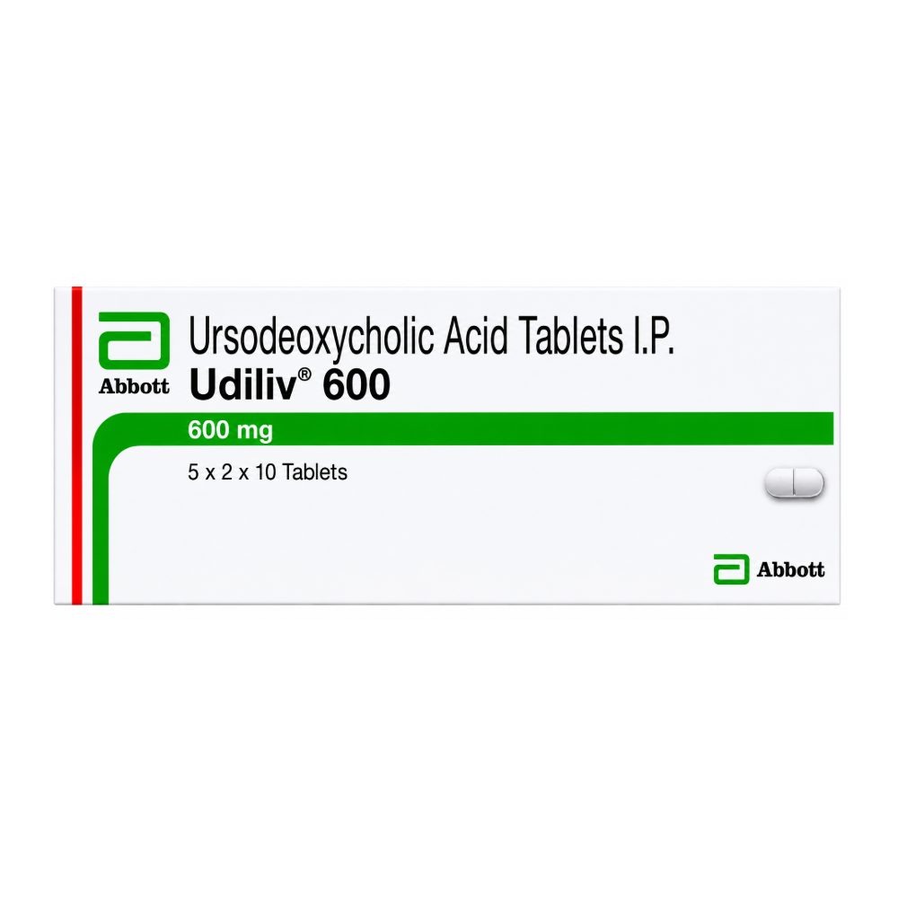 Package of Ursodeoxycholic Acid Tablets I.P. by Abbott on a white background