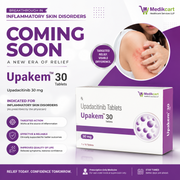 Upakem Tablet Promotional graphic for Upakem 30 Tablets (Upadacitinib 30mg) by Medikart, featuring product packaging, descriptive text for inflammatory skin disorders, and a circular lifestyle image of a person showing skin redness.