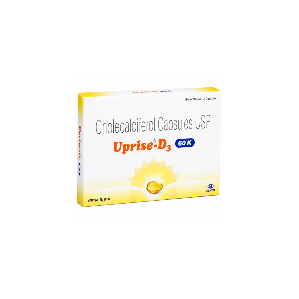 A box of Uprise-D3 60 K Cholecalciferol Capsules USP, featuring a white and yellow design with blue accents, shown on a plain white background.