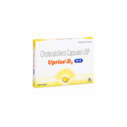 A box of Uprise-D3 60 K Cholecalciferol Capsules USP, featuring a white and yellow design with blue accents, shown on a plain white background.