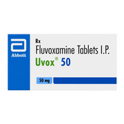 Box of Uvox 50 mg Fluvoxamine Tablets I.P. by Abbott on a white background