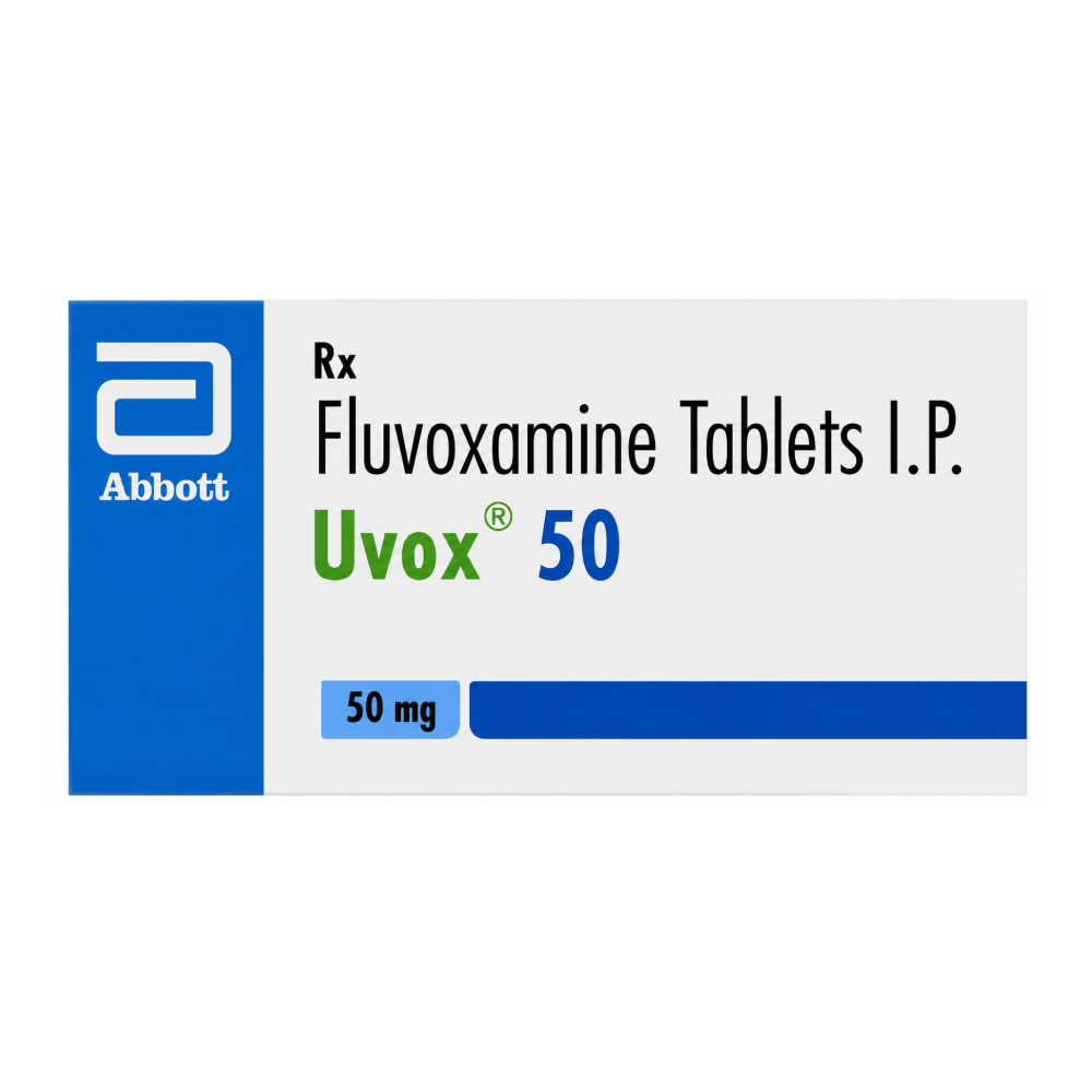 Box of Uvox 50 mg Fluvoxamine Tablets I.P. by Abbott on a white background