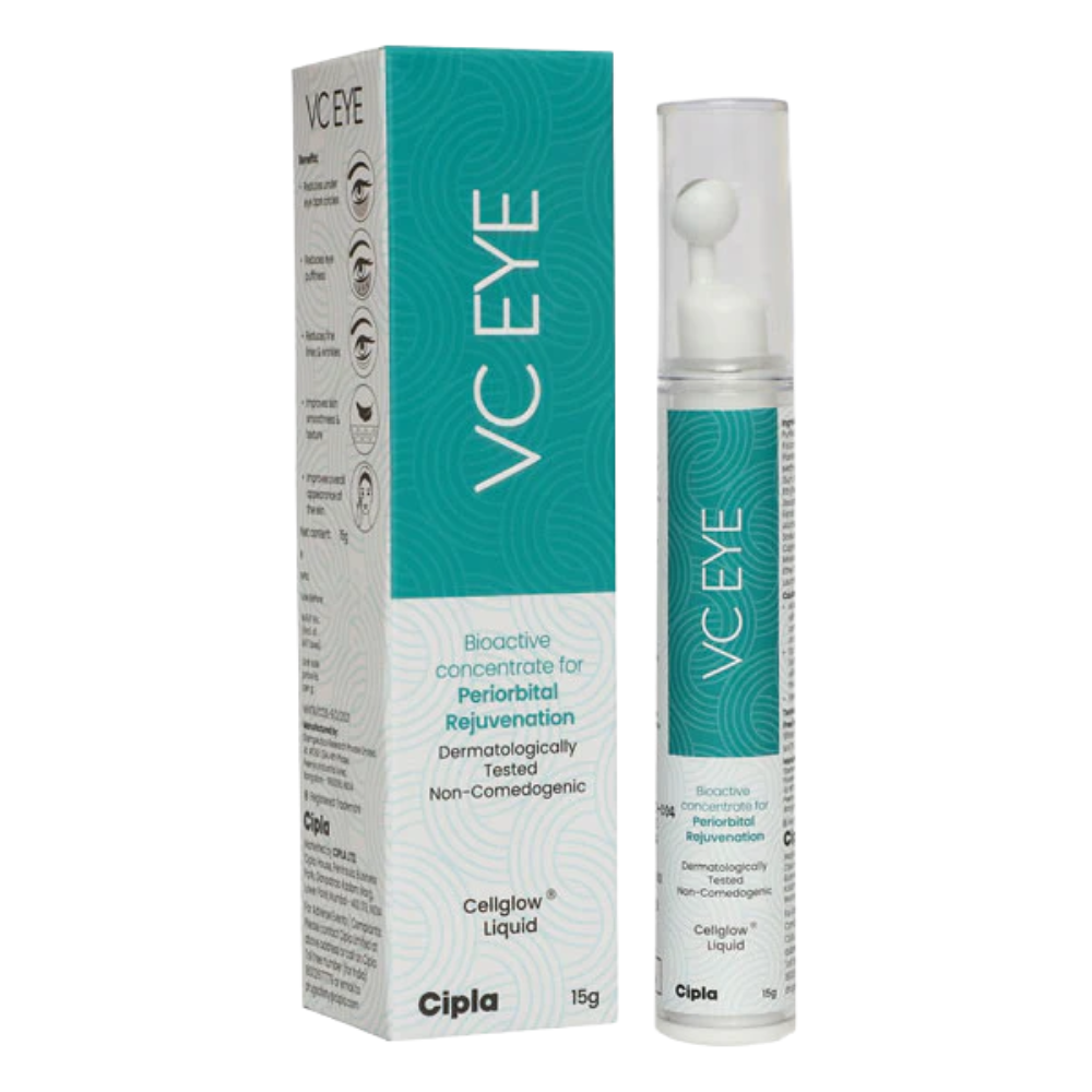 VC Eye product packaging with teal and white design on a white background