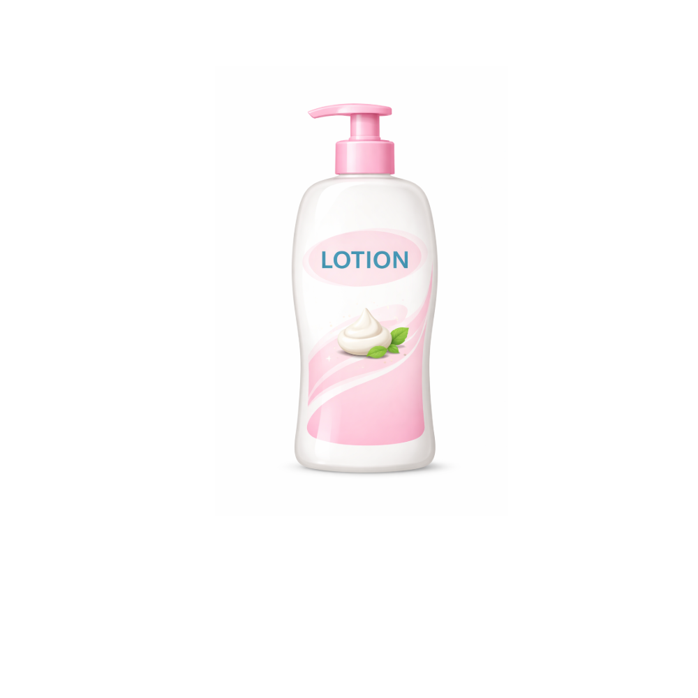 Lotion bottle with pink pump on a white background