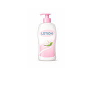 Lotion bottle with pink pump on a white background