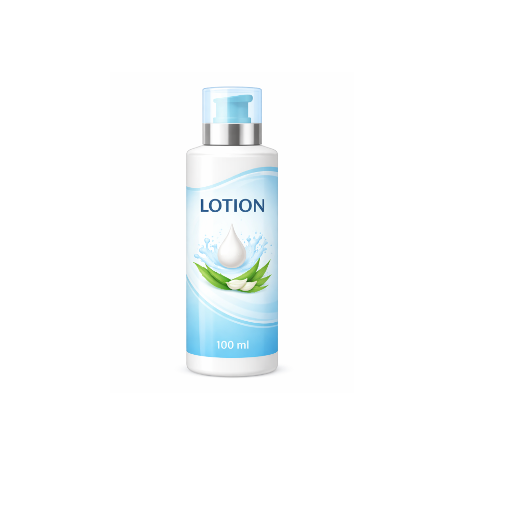 Lotion bottle with a blue label on a white background