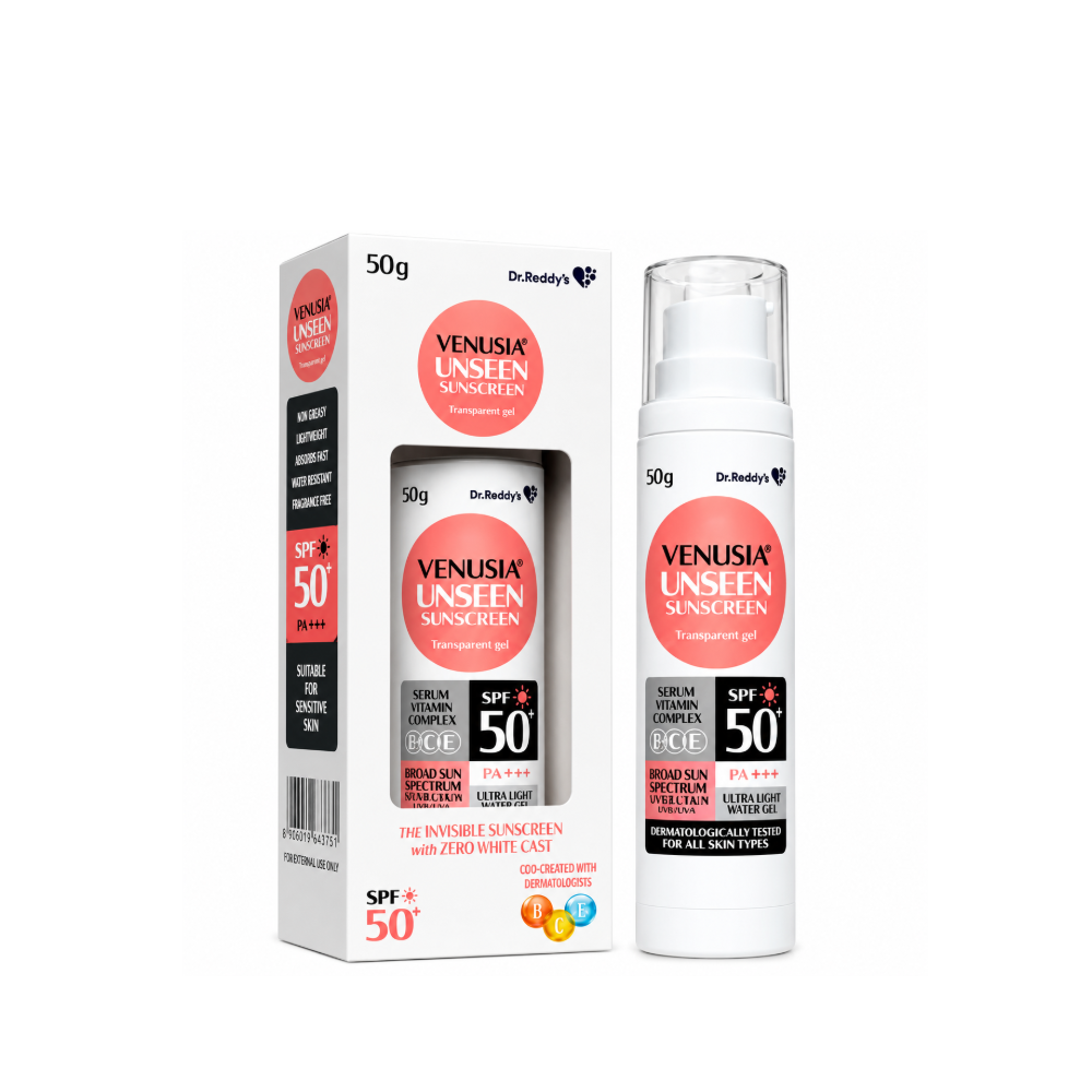 Venusia Unseen Sunscreen SPF 50+ PA+++ transparent gel 30g front packaging by Dr. Reddy's