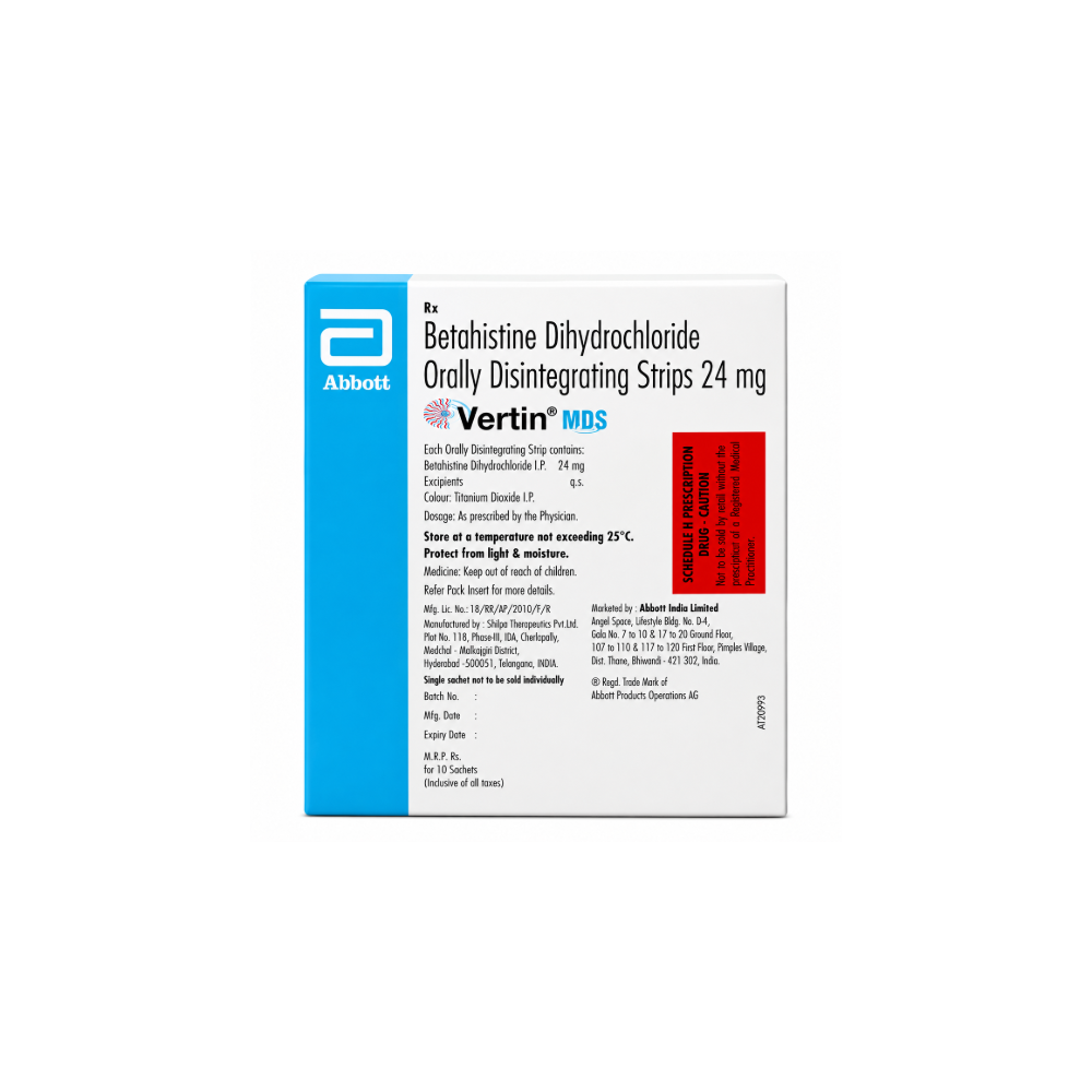 Box of Betahistine Dihydrochloride Orally Disintegrating Strips 24 mg by Abbott on a white background