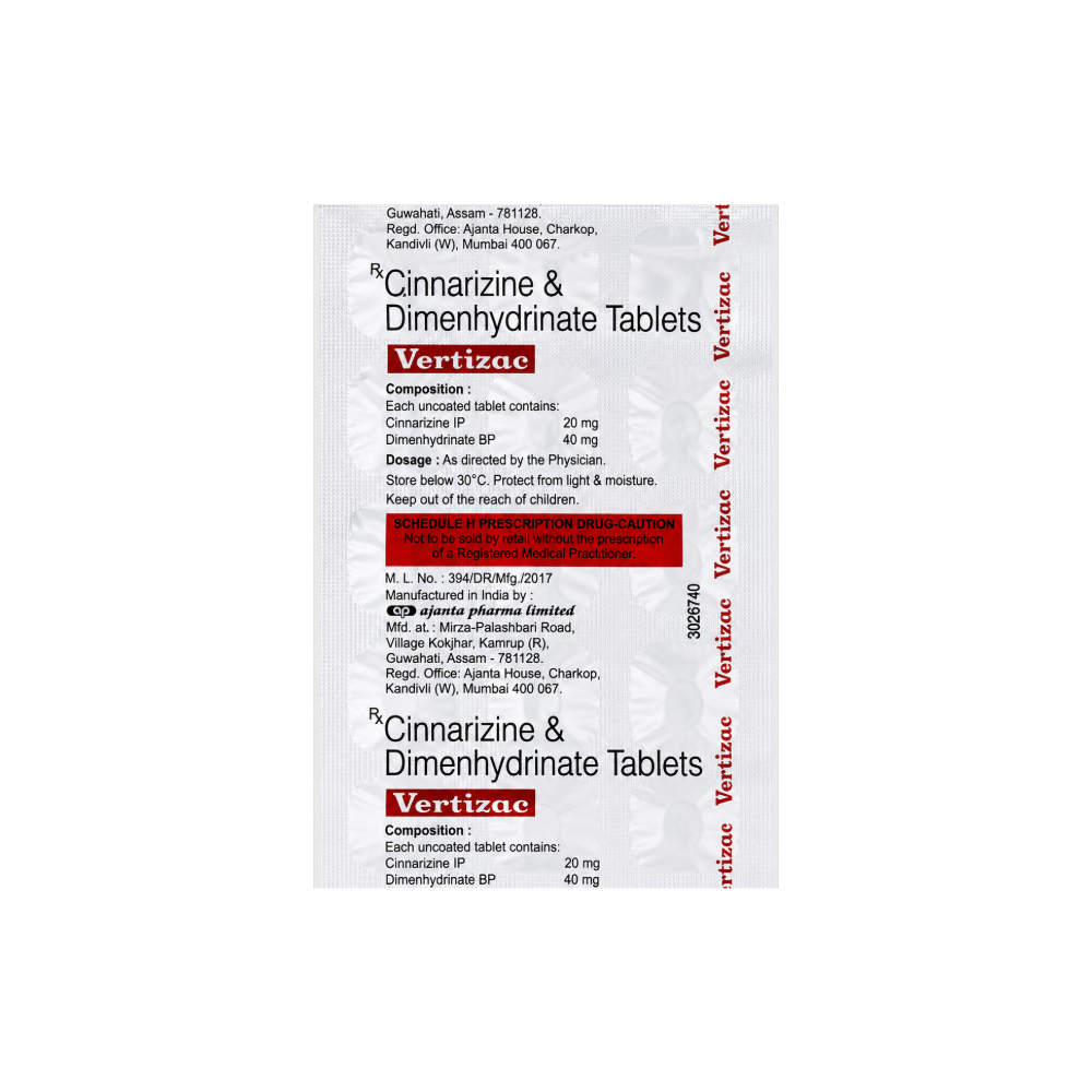 Box of Cinnarizine & Dimenhydrinate Tablets Vertizac on a white background